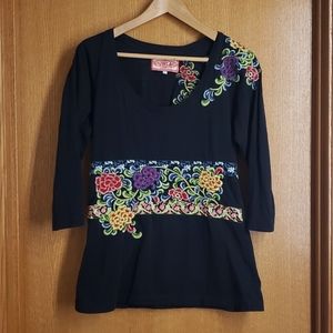 Used Navy Blue Johnny Was Embroidered Top sz L